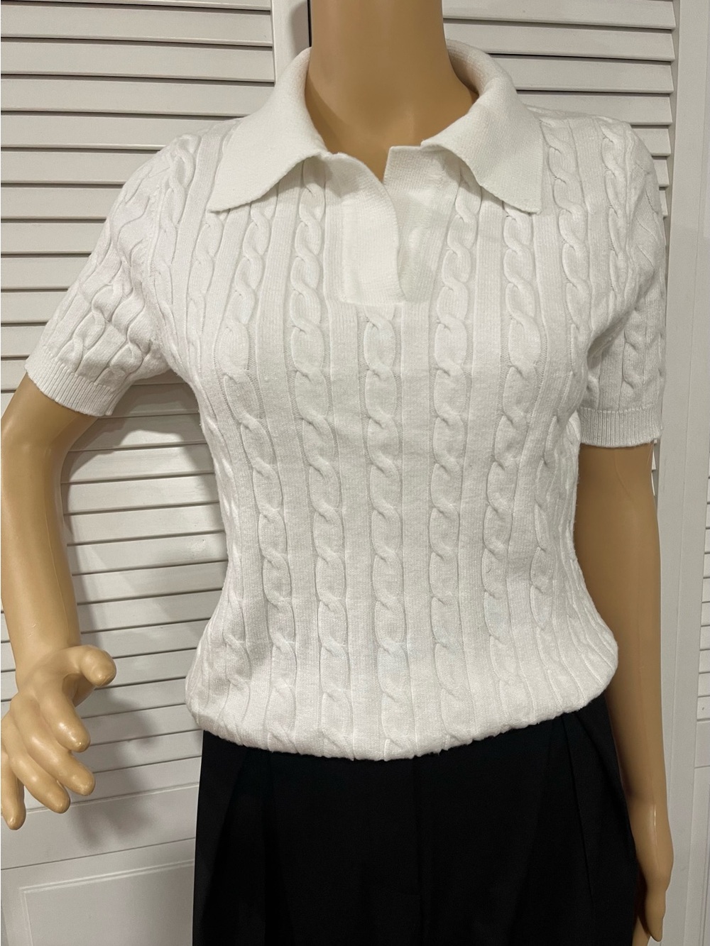 White Cable-Knit Polo Short Sleeve Sweater Top